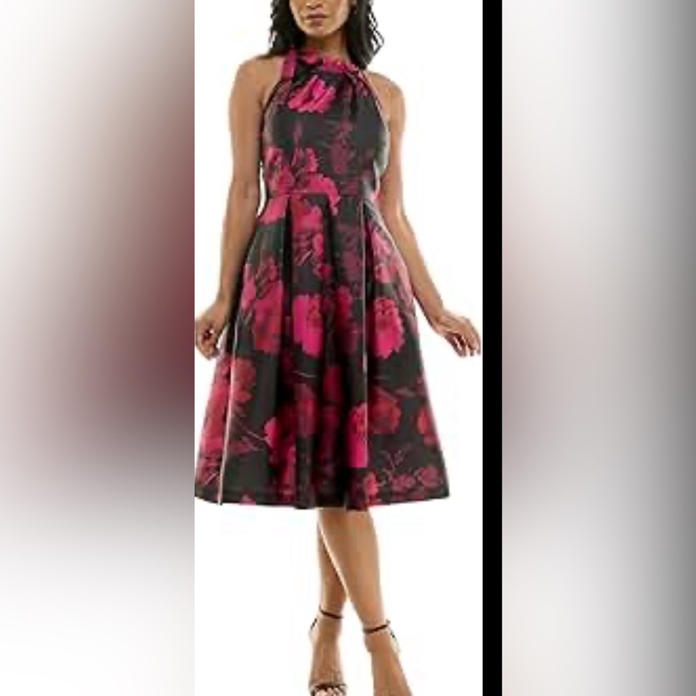 Floral Halter Fit & Flare Dress in Black and Red